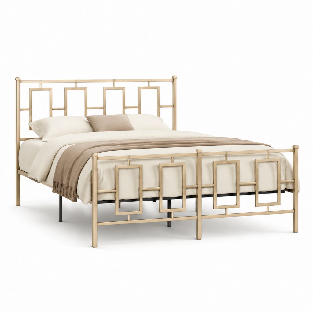 Cadre de lit double 160 x 200 cm beige doré en acier à motifs géométriques