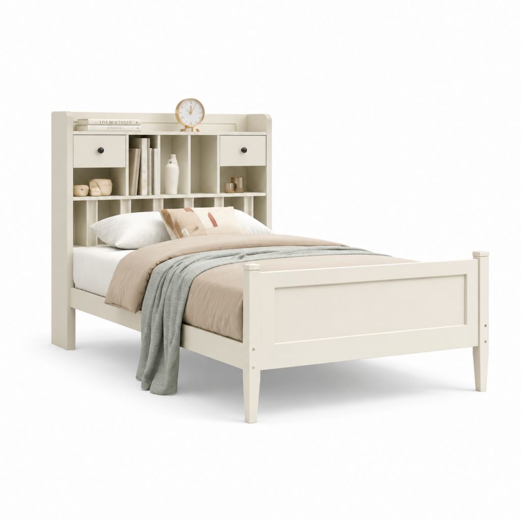 Lit double avec tête de lit rangement blanc en panneaux MDF 140 x 190 cm