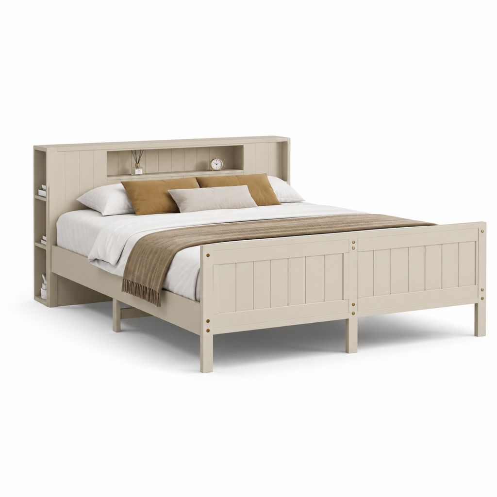 Lit double 160 x 200 cm beige en MDF avec tête de lit à étagères