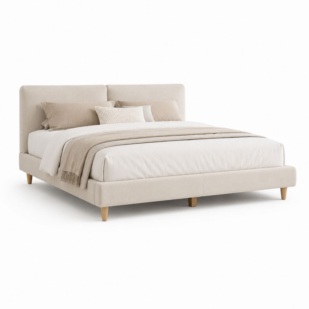 Lit double avec cadre beige en polyester et pieds en bois massif 160 x 200 cm