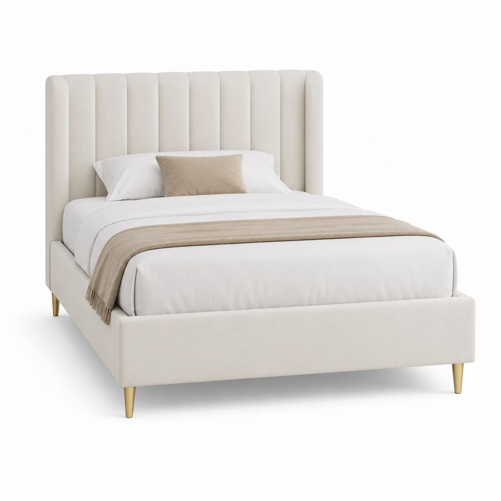 Lit double capitonné beige en polyester avec cadre 160 x 200 cm 172 x 215 x 125 cm