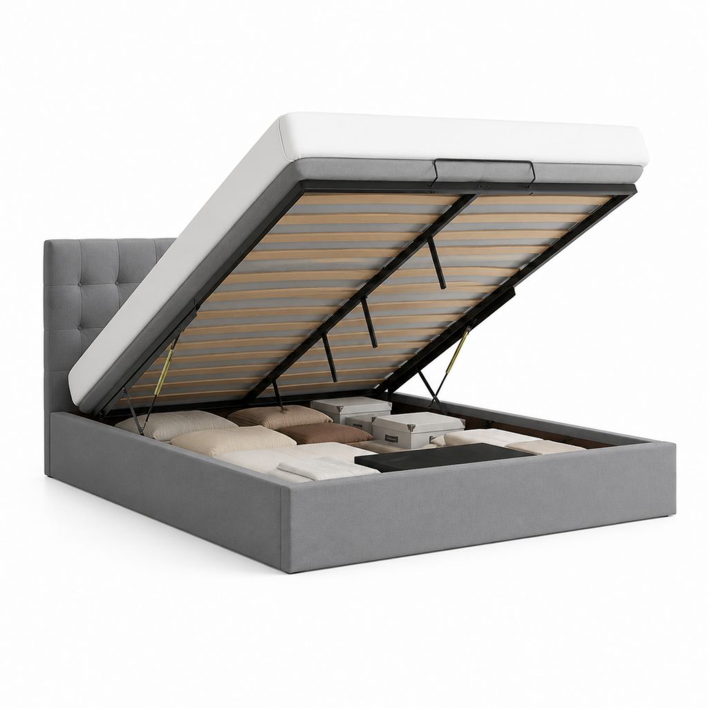 Lit coffre double gris en polyester avec tête de lit capitonnée 160 x 200 cm