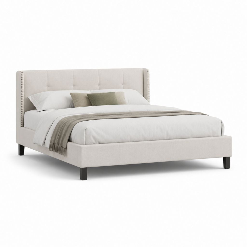 Lit double avec cadre de lit capitonné beige en polyester 160 x 200 cm