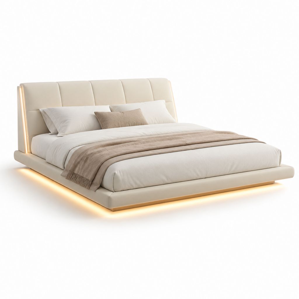Lit double avec cadre éclairé LED beige en similicuir PU 180 x 200 cm