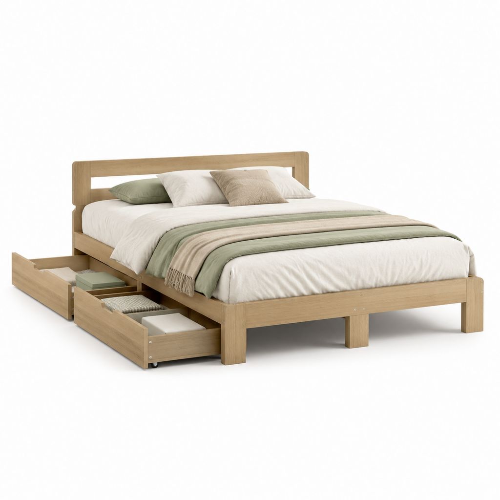 Lit double avec rangement 160 x 200 cm chêne clair panneaux MDF 2 tiroirs