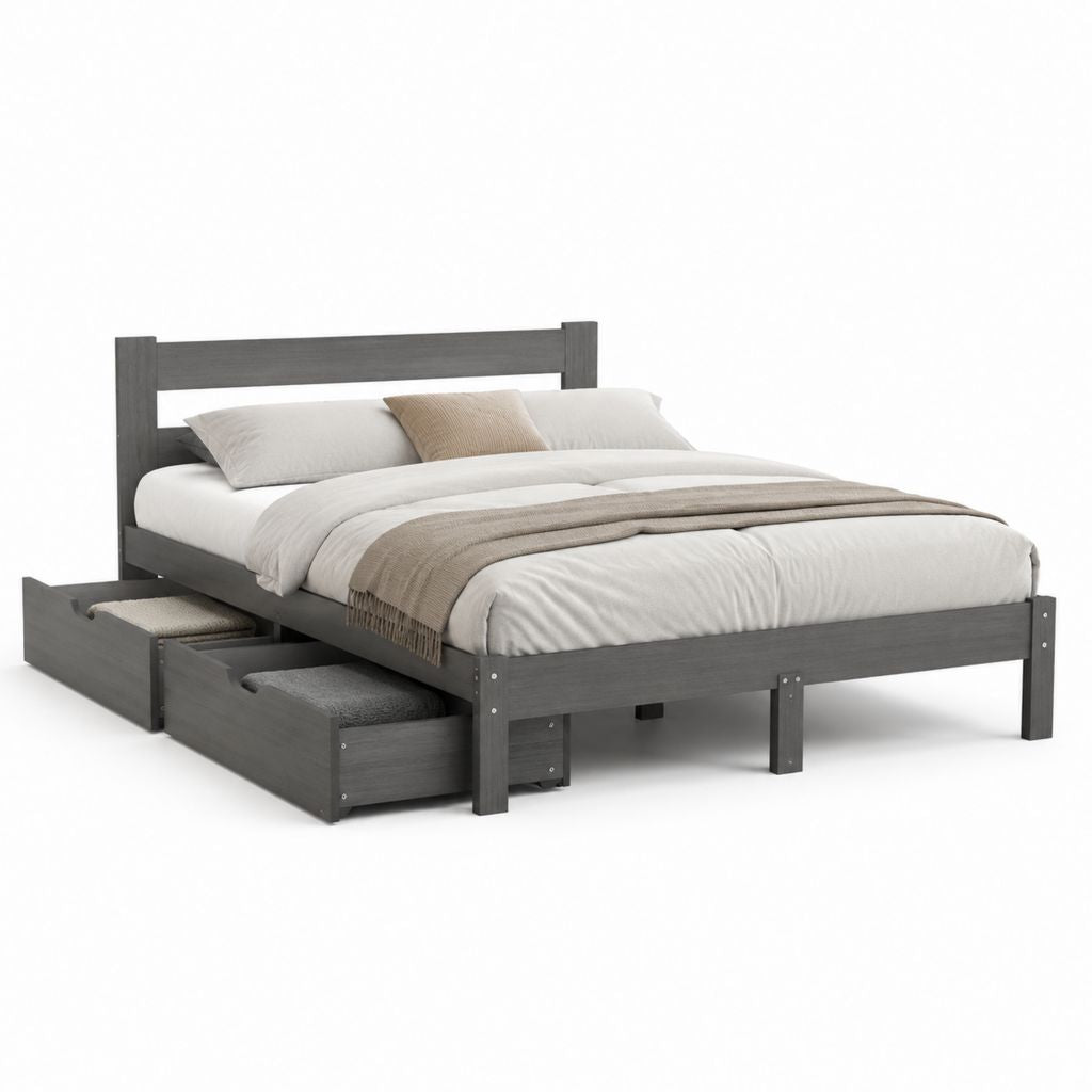 Lit double avec 3 tiroirs gris anthracite en pin massif rectangulaire 160 x 200 cm