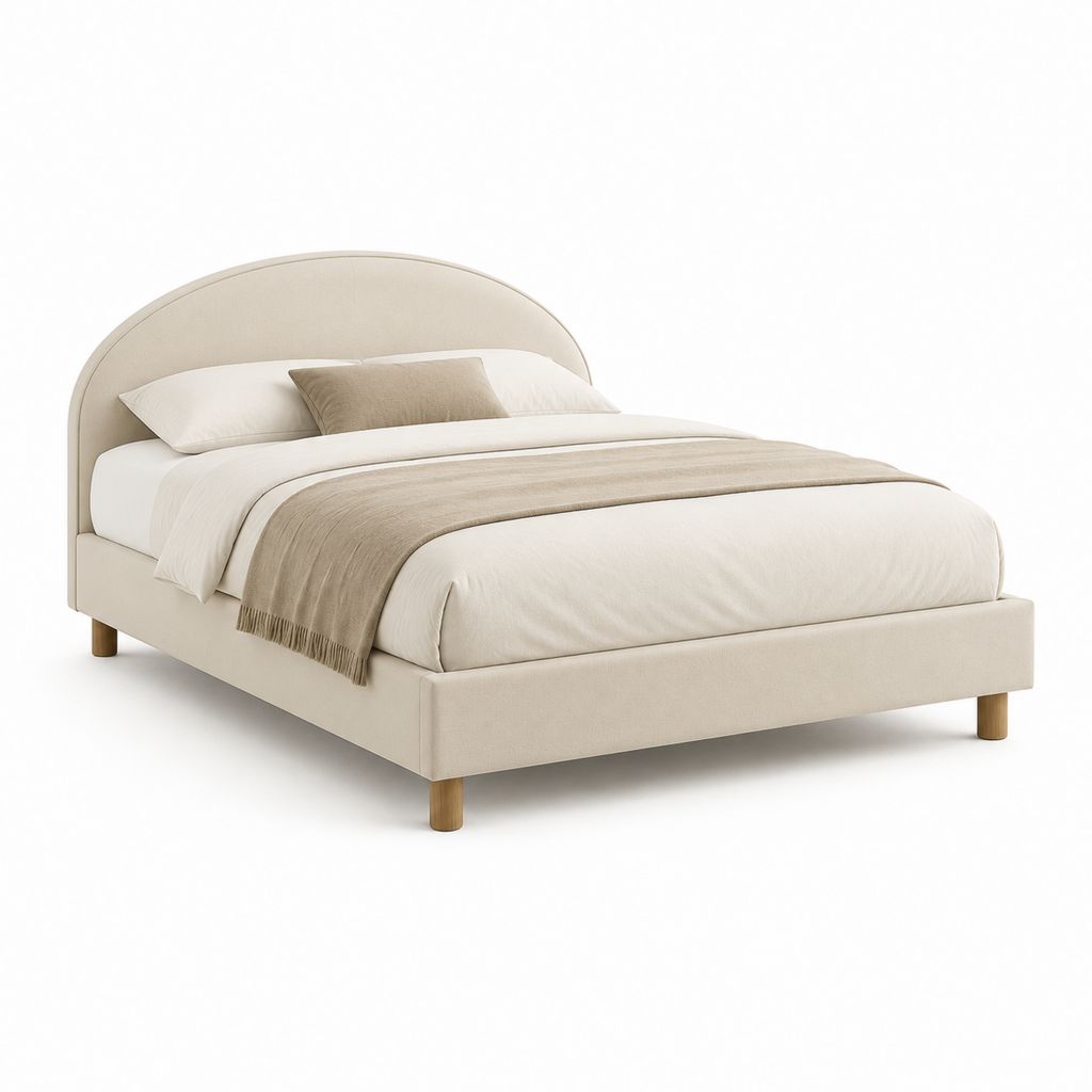 Cadre de lit double beige en polyester avec tête de lit arrondie 160 x 200 cm dimensions 175 x 215 x 110 cm