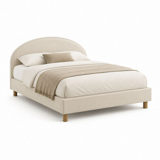 Cadre de lit double beige en polyester avec tête de lit arrondie 160 x 200 cm dimensions 175 x 215 x 110 cm