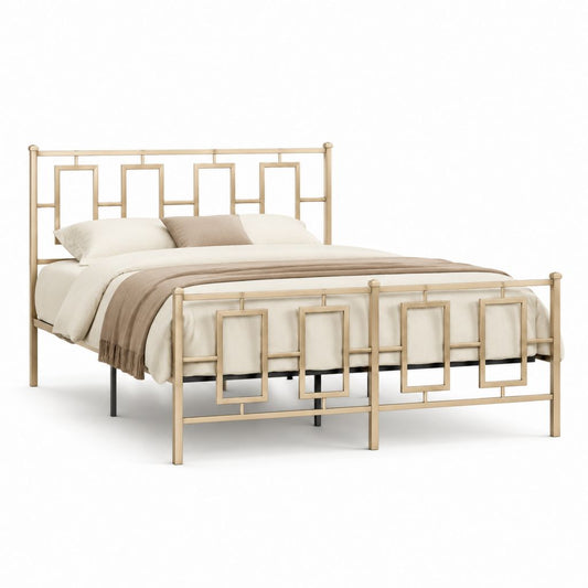 Cadre de lit double 160 x 200 cm beige doré en acier à motifs géométriques