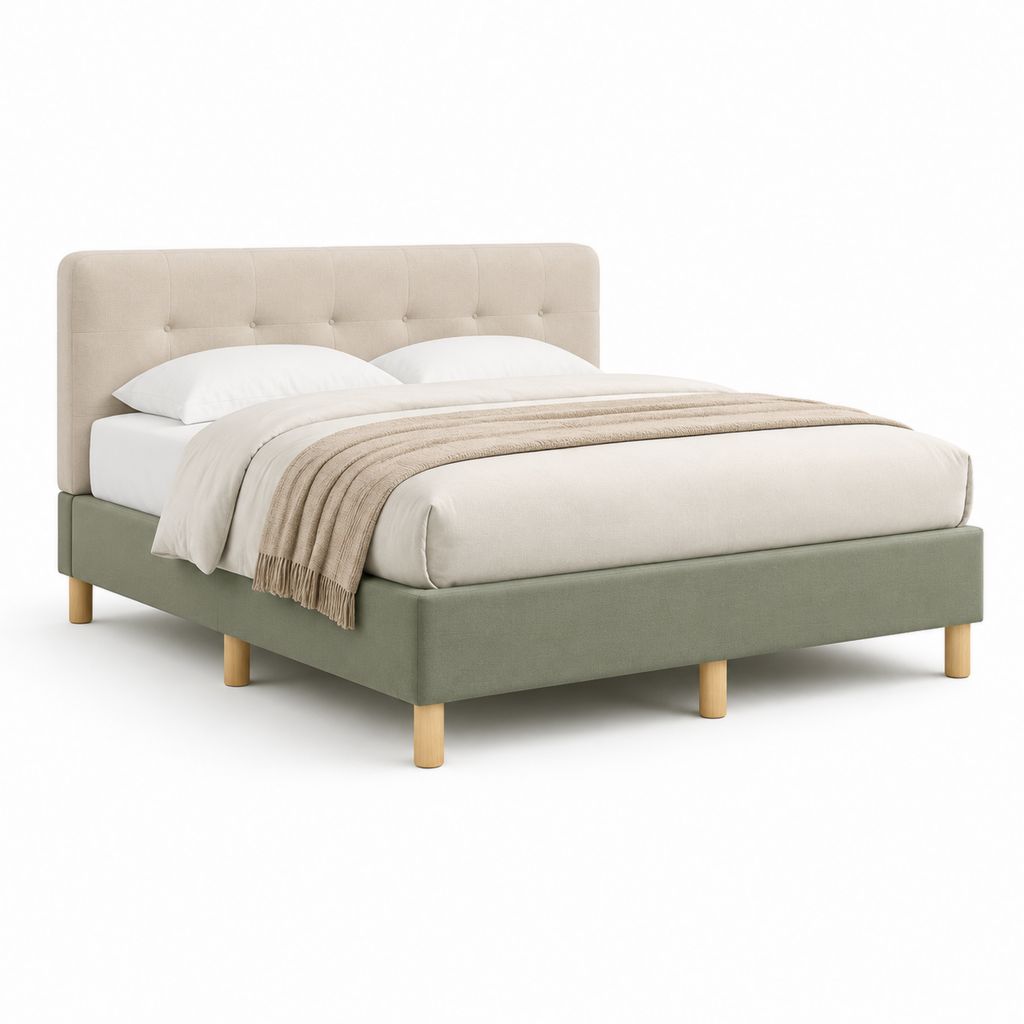 Lit double avec cadre de lit vert sauge et tête de lit beige en polyester 160 x 200 cm