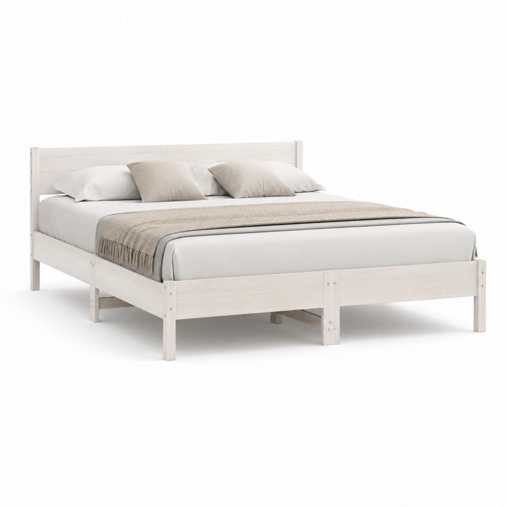 Lit double cadre de lit blanc en pin massif rectangulaire 160 x 200 cm