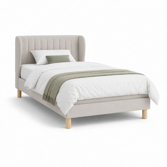 Lit double 160 x 200 cm beige en polyester avec tête de lit capitonnée et pieds en hévéa massif