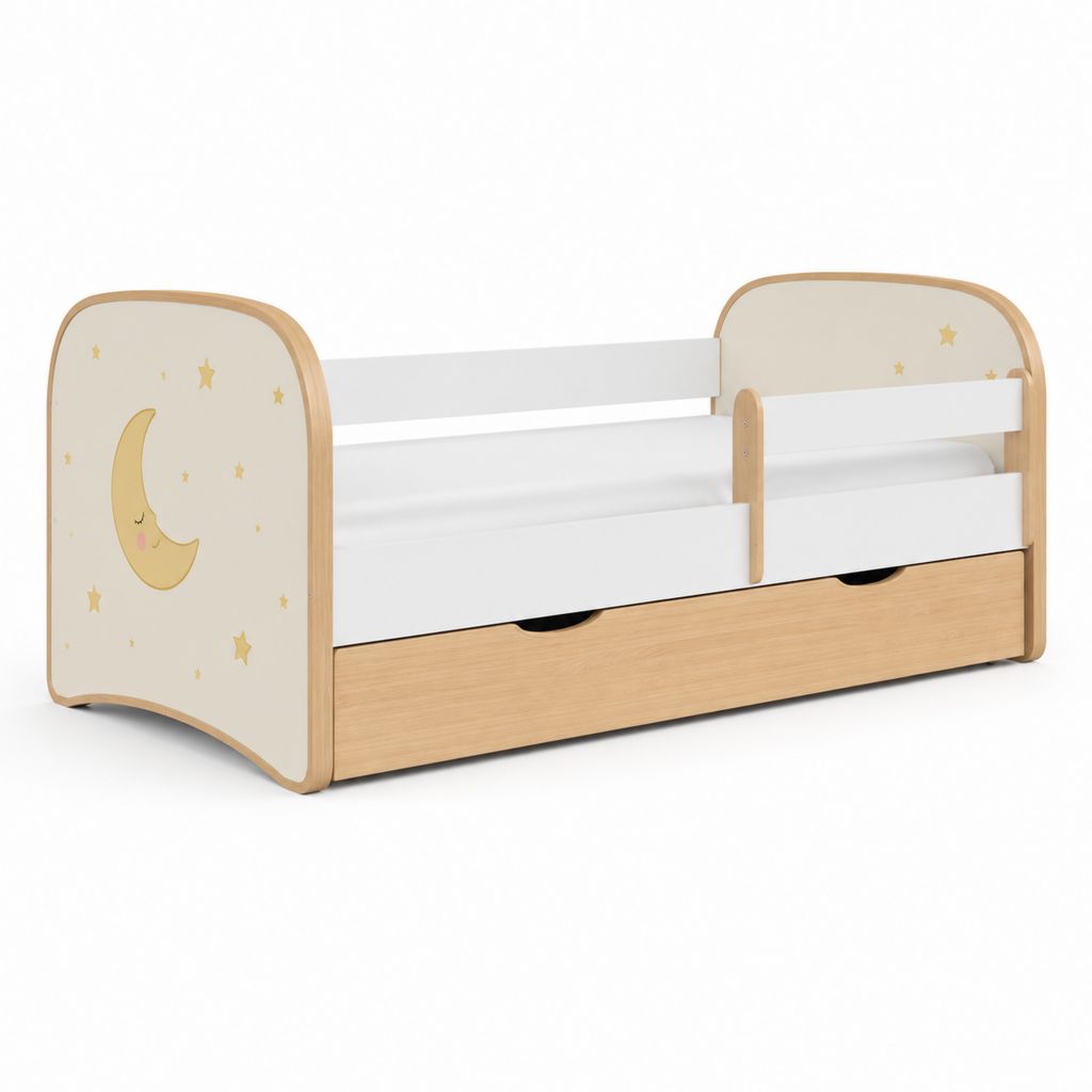 Lit enfant avec barrières et tiroir blanc bois clair en MDF rectangulaire 140 x 70 cm