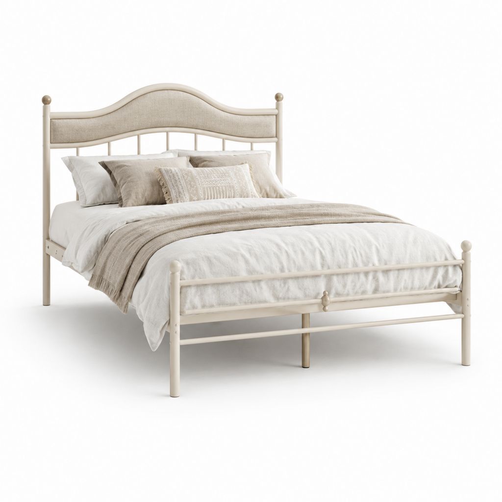 Lit double 140 x 190 cm crème en acier avec tête de lit rembourrée beige