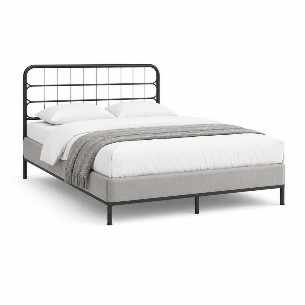 Cadre de lit double 160 x 200 cm gris et noir en acier avec panneaux en polyester
