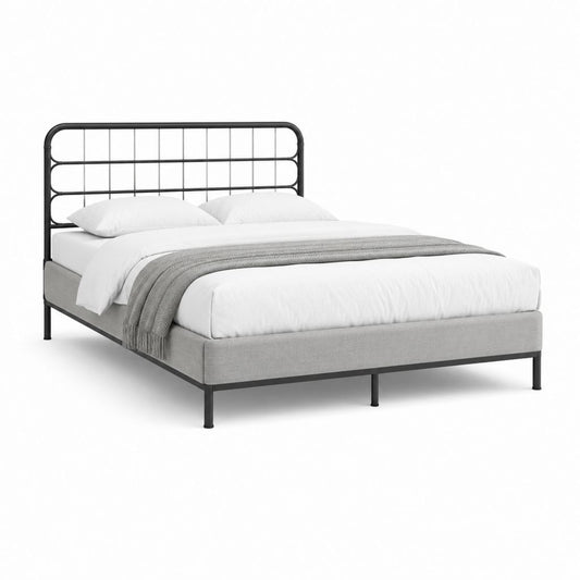 Cadre de lit double 160 x 200 cm gris et noir en acier avec panneaux en polyester
