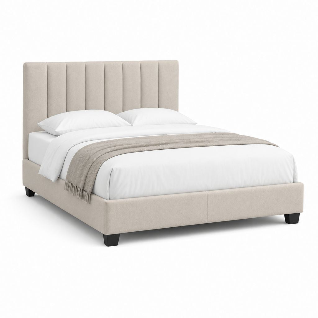 Lit double rectangulaire beige en polyester et panneaux MDF 160 x 200 cm