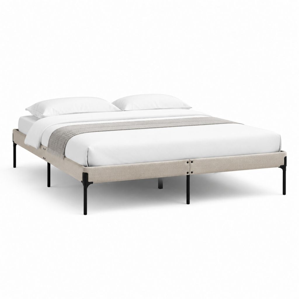 Cadre de lit double rectangulaire beige en polyester et acier 160 x 200 cm