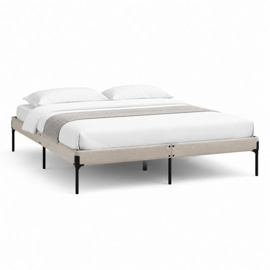 Cadre de lit double rectangulaire beige en polyester et acier 160 x 200 cm