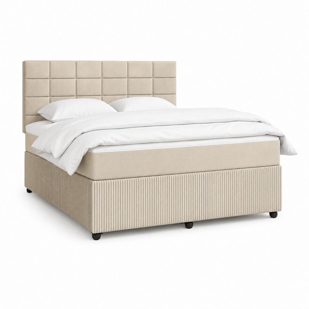 Lit double rectangulaire 160 x 200 cm beige en polyester avec tête de lit capitonnée