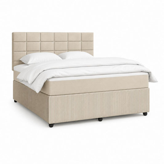 Lit double rectangulaire 160 x 200 cm beige en polyester avec tête de lit capitonnée