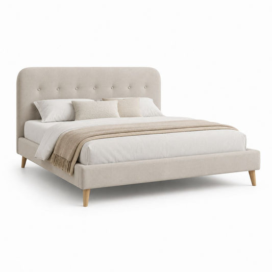 Cadre de lit double beige en polyester avec tête de lit capitonnée 160 x 200 cm