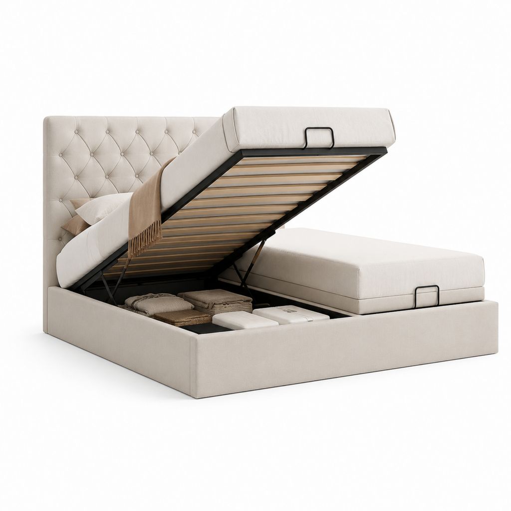 Lit coffre 160 x 200 cm beige en polyester avec tête de lit capitonnée et sommier relevable