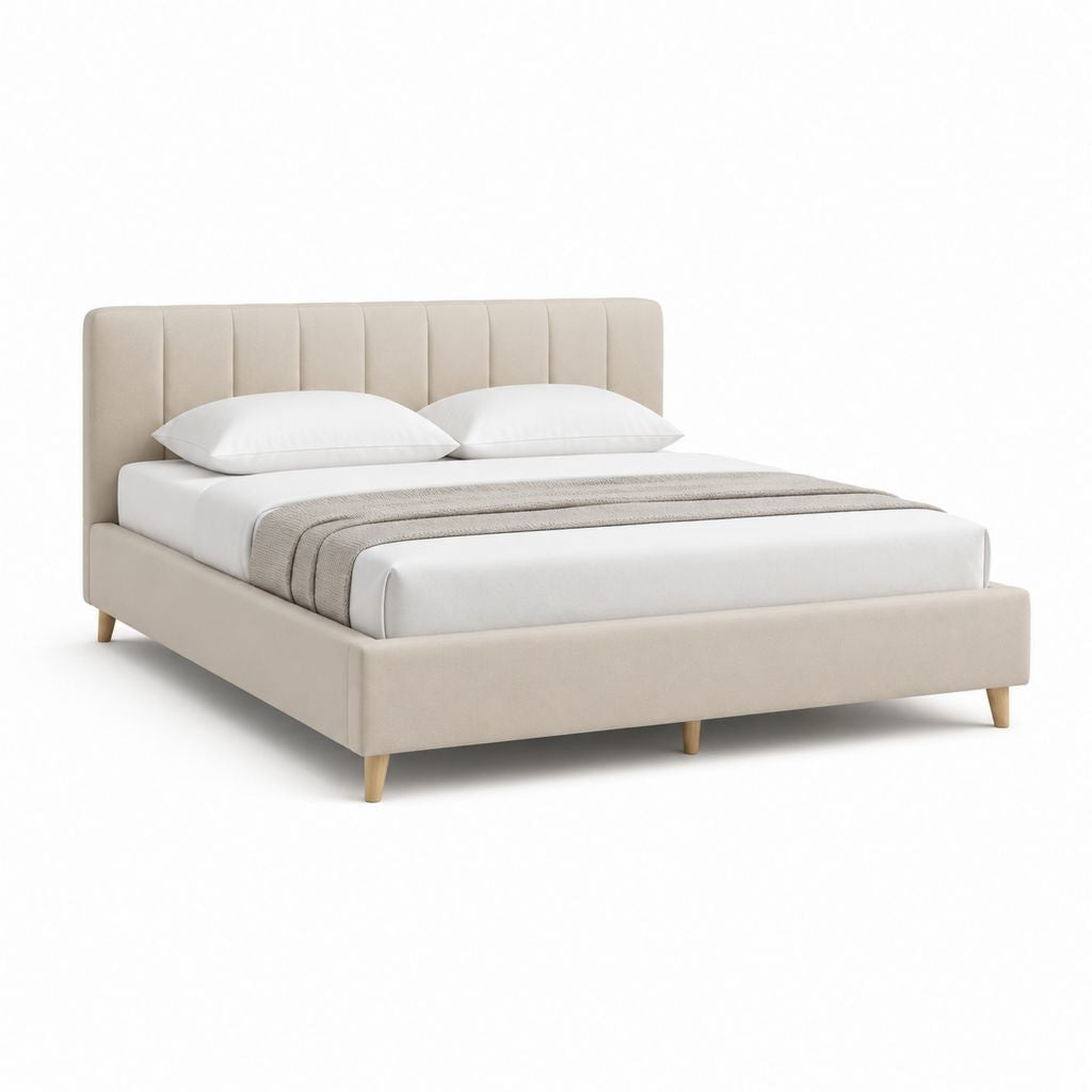 Lit double 160 x 200 cm beige en polyester avec tête de lit capitonnée