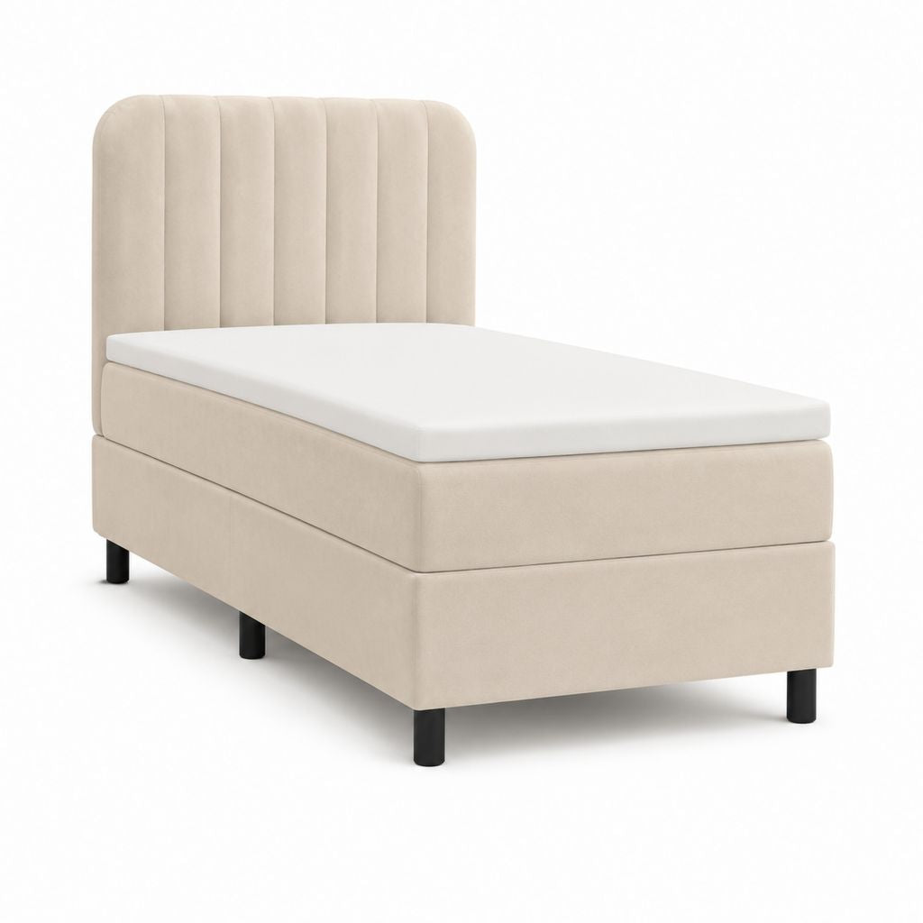 Lit simple capitonné beige en polyester avec sommier et matelas 90 x 200 cm