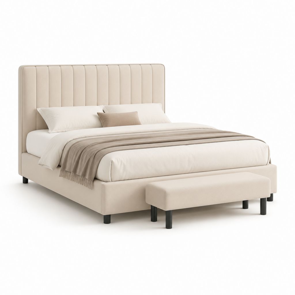 Lit double capitonné avec banc beige en polyester 160 x 200 cm