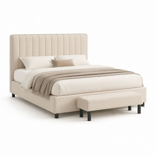 Lit double capitonné avec banc beige en polyester 160 x 200 cm