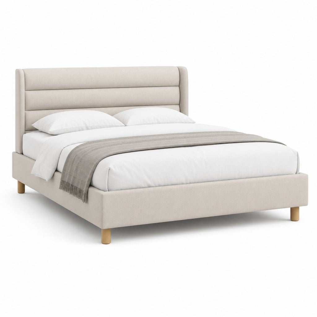 Lit double 160 x 200 cm avec cadre beige en polyester et tête de lit capitonnée