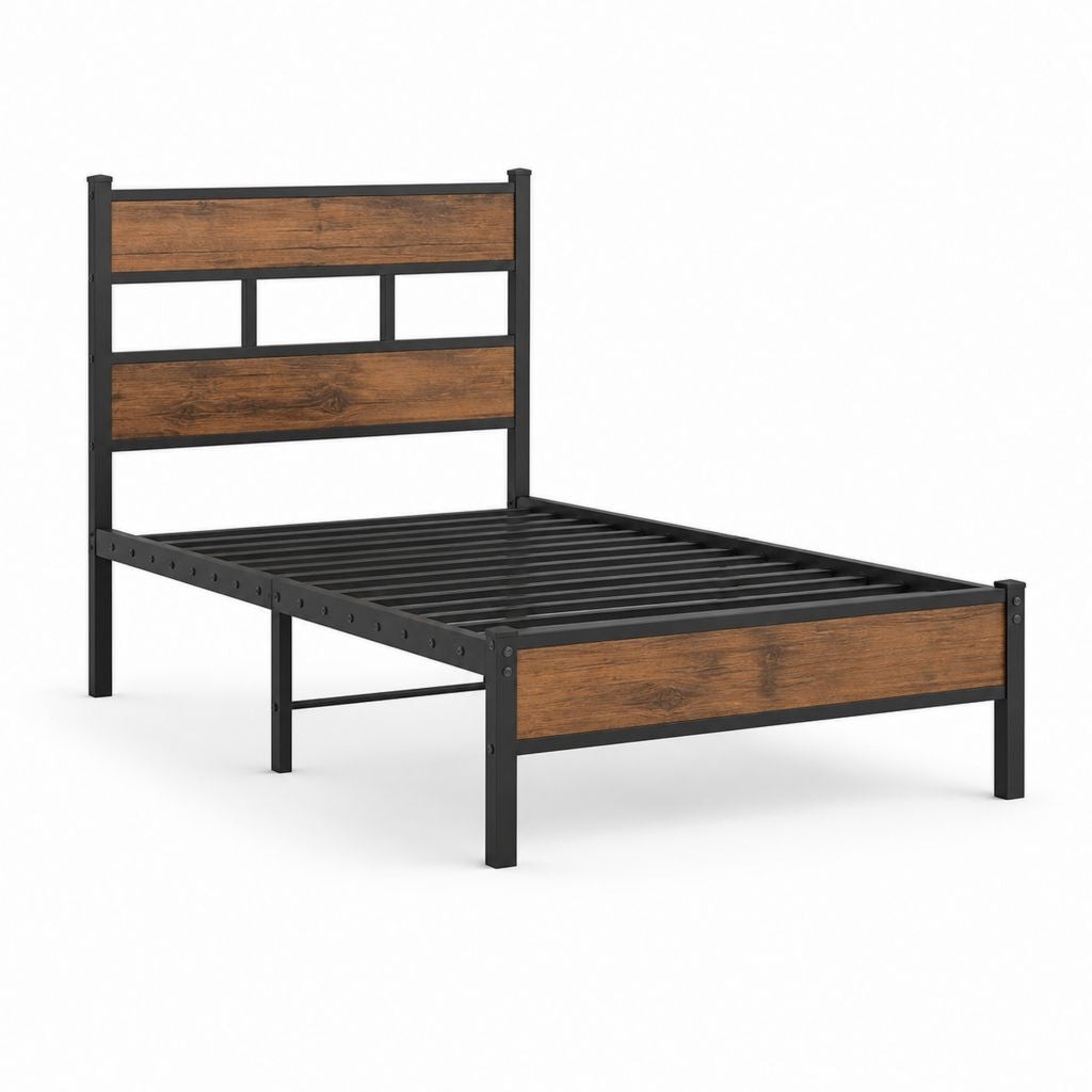 Lit simple 90 x 190 cm avec cadre en acier noir et panneaux MDF brun