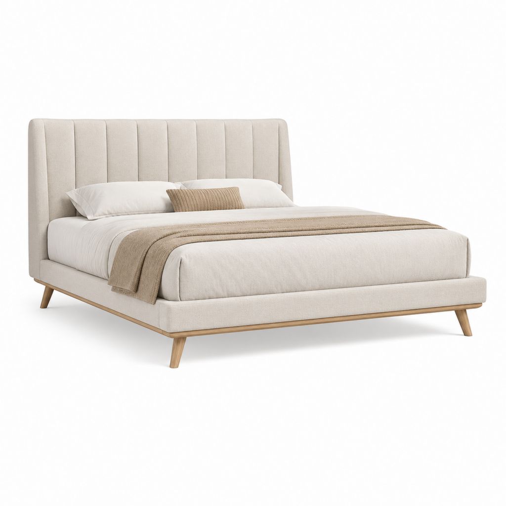 Lit double rectangulaire beige en polyester 160 x 200 cm