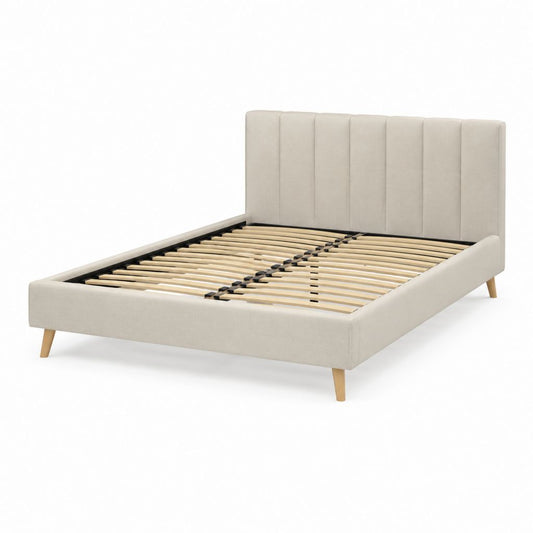 Lit double avec cadre de lit beige en polyester 160 x 200 cm avec sommier à lattes et tête de lit capitonnée