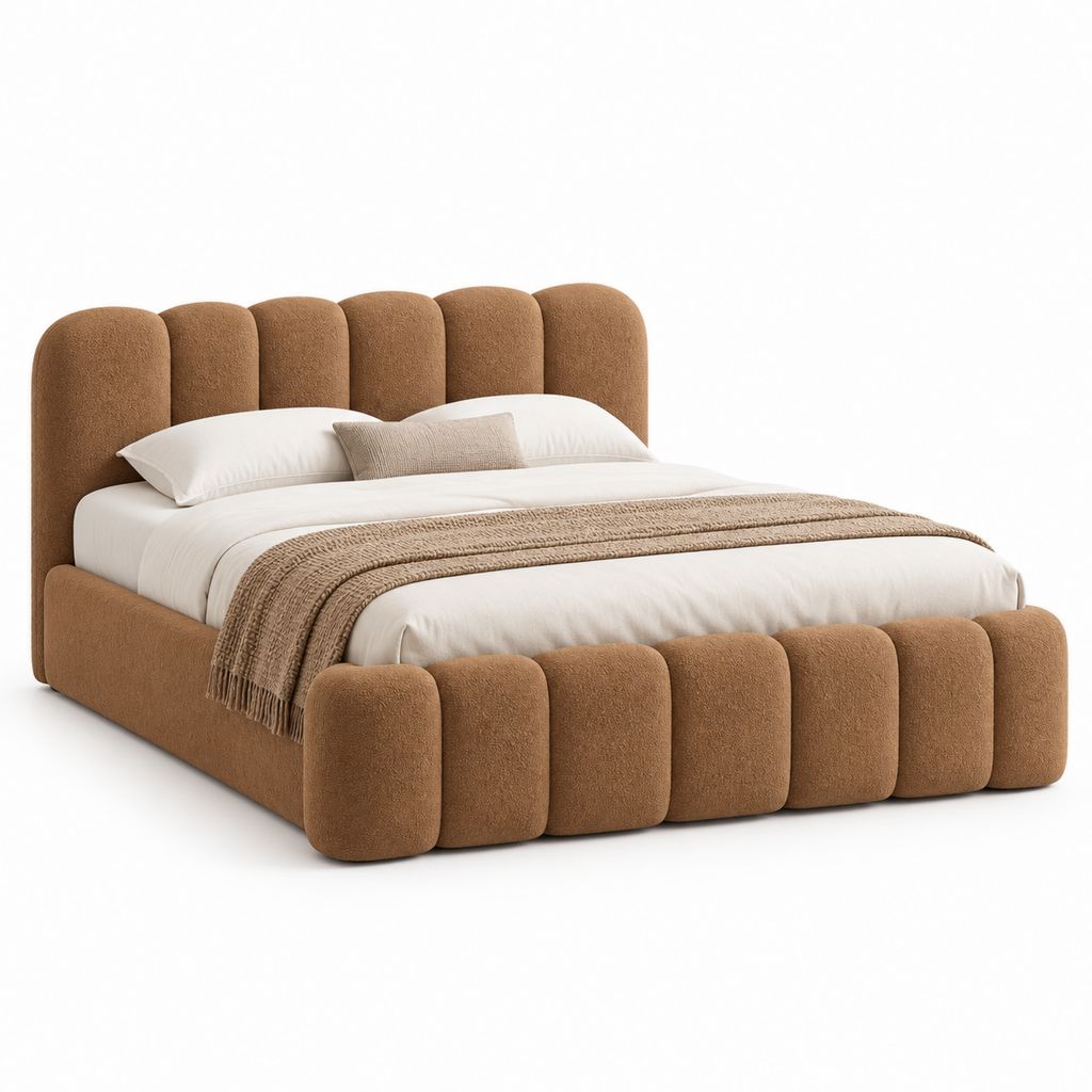 Lit double capitonné marron en polyester bouclette 160 x 200 cm