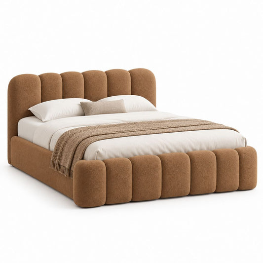 Lit double capitonné marron en polyester bouclette 160 x 200 cm