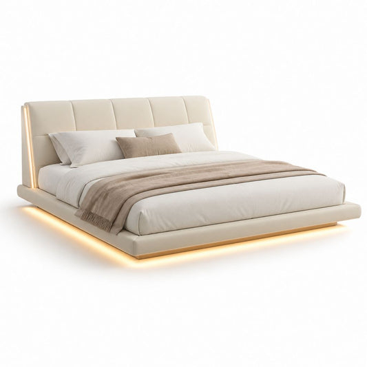 Lit double avec cadre éclairé LED beige en similicuir PU 180 x 200 cm