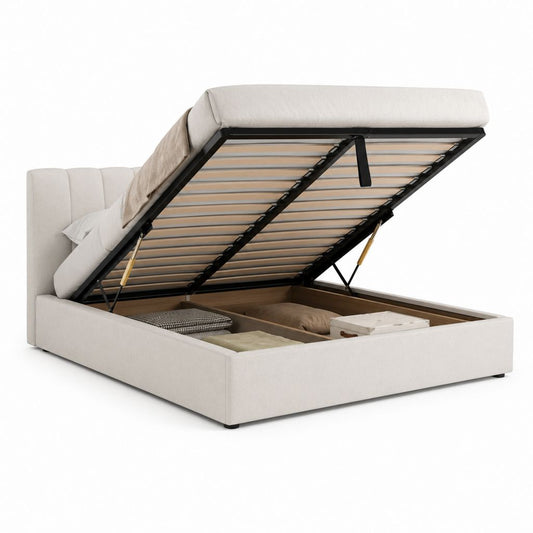 Lit coffre double beige en polyester avec sommier à lattes 160 x 200 cm