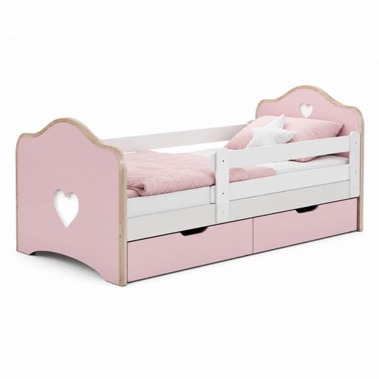 Lit enfant avec tiroirs rose et blanc en MDF et pin massif 140 x 70 cm
